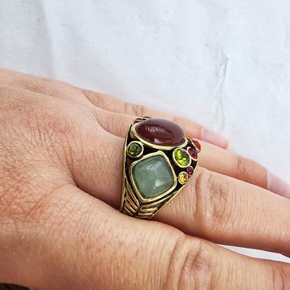 Heidi Daus Cocktail Ring Carnelian Green Orange Crystal Bronze Size 8.5 Multi - Picture 2 of 9